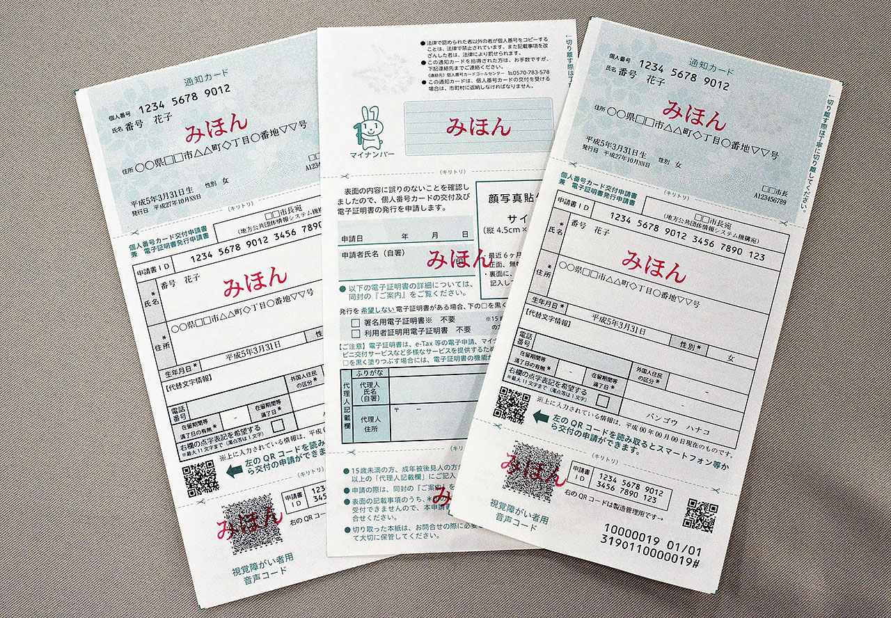 「マイナンバー」の通知カード用紙(見本)写真:読売新聞/アフロ