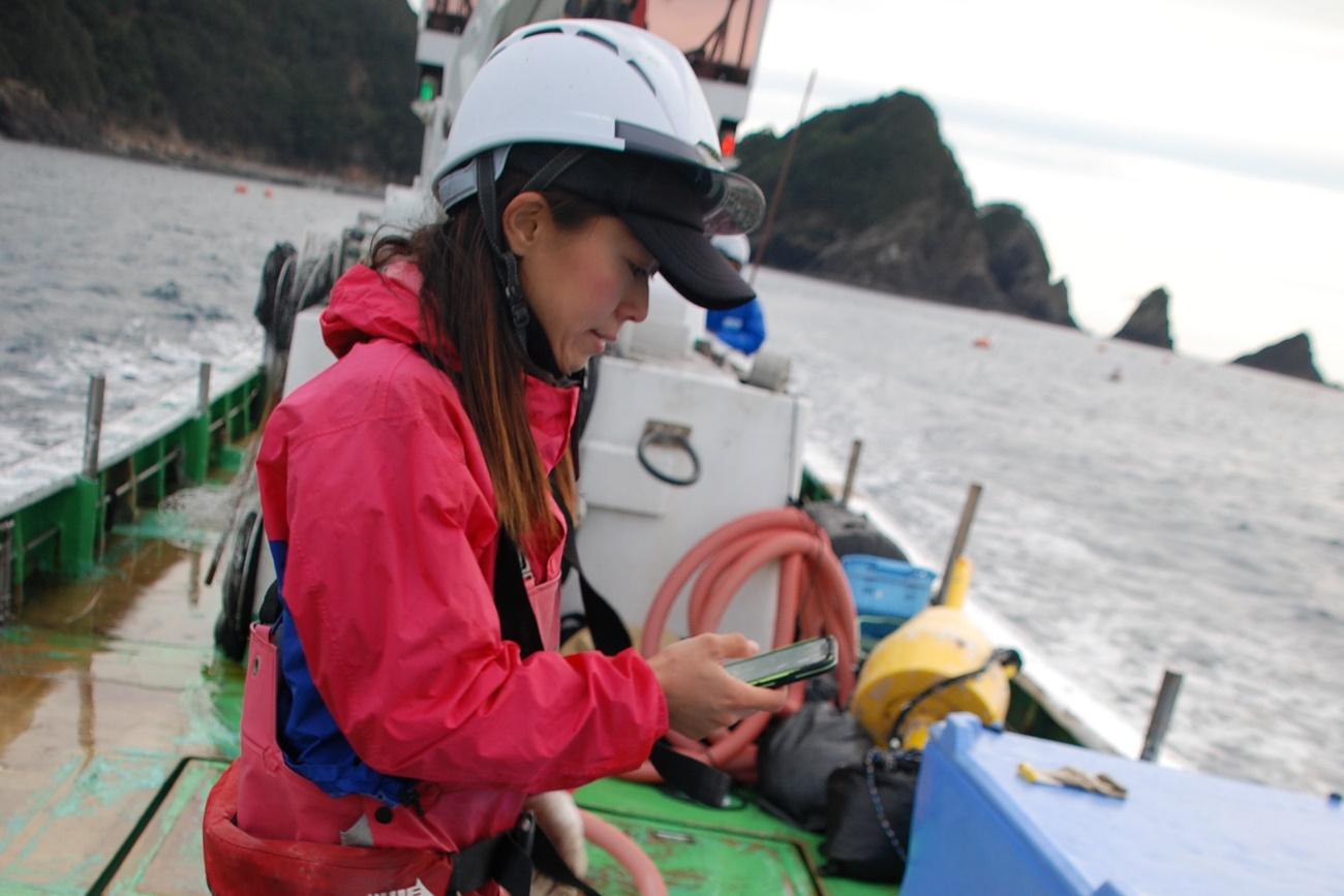 スマートフォンで魚種を記録する女性漁師