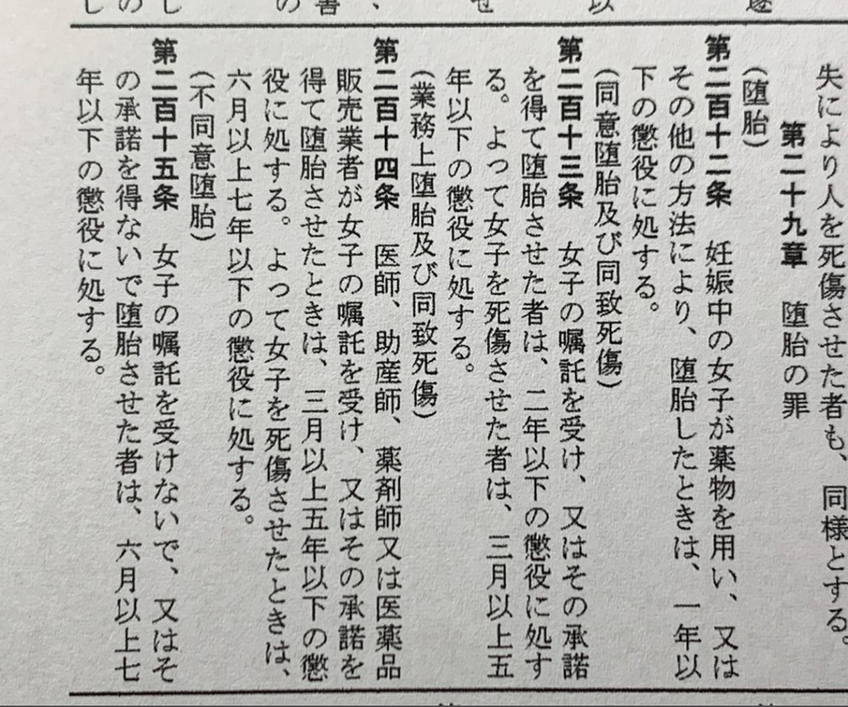 妊娠中の女子が薬物を用い 又はその他の方法により 堕胎したときは 一年以下の懲役に処する