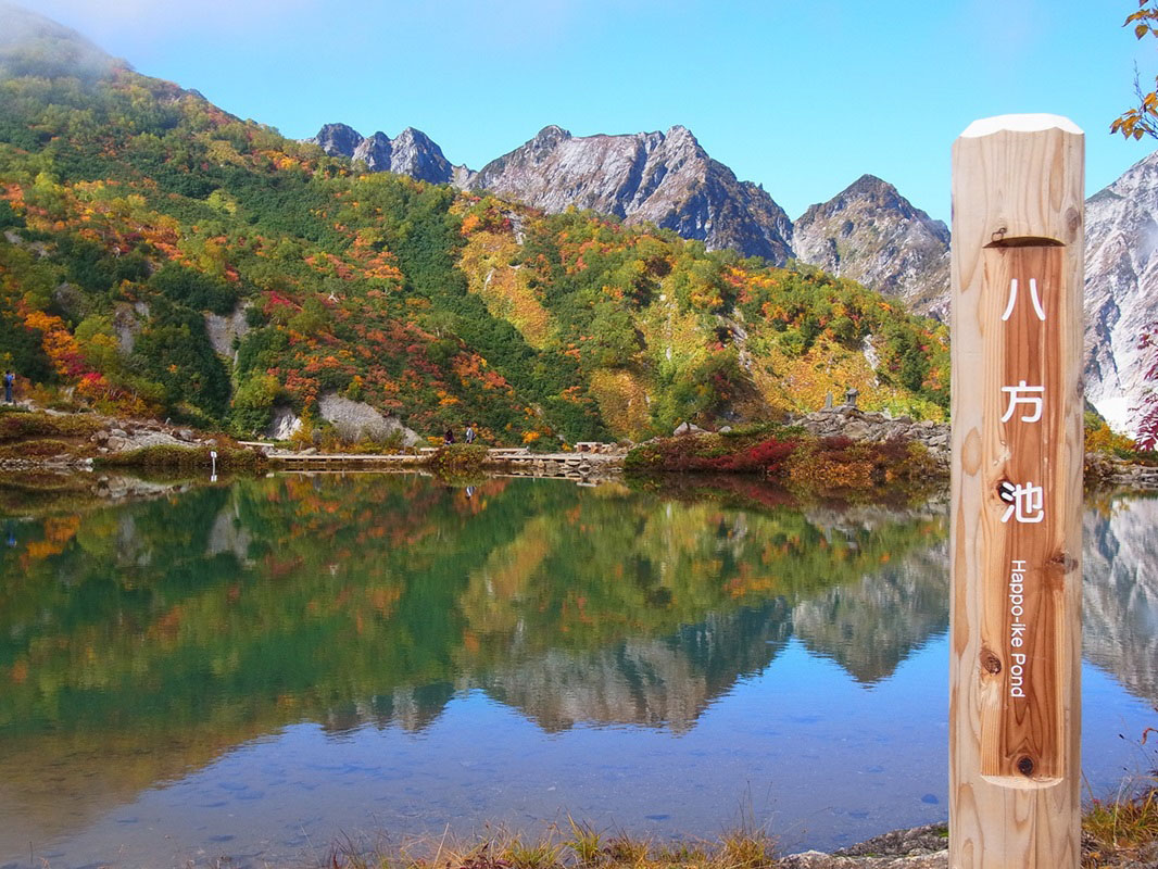 麓からリフトを乗り継ぎ、標高1830mの八方池山荘から1時間ほど山を登ると到達できる『八方池』