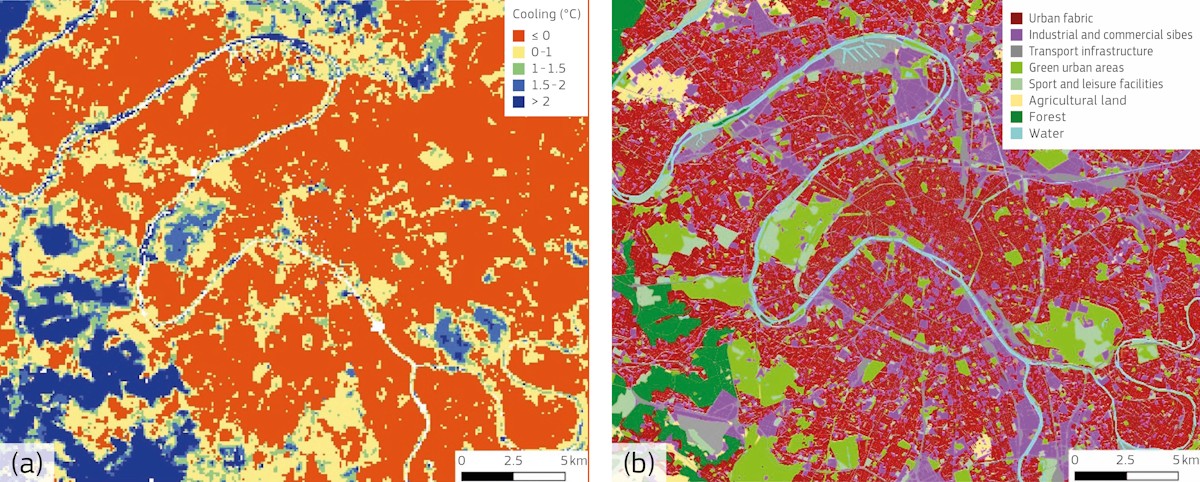 パリにおける緑地と他の土地表面の冷却効果を比較したもの。緑地化している箇所の気温が他と比べて低いことが分かります（Marando et al., 2022／出典：European Commission © EU）
