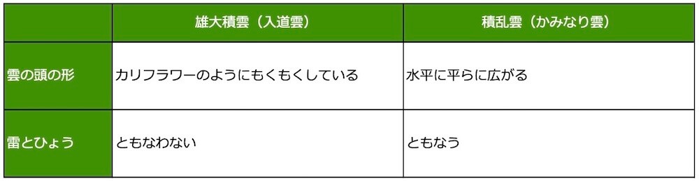 入道雲と積乱雲の違いを示す表：
●雄大積雲（入道雲）
雲の頭の形／カリフラワーのようにもくもくしている
雷とひょう／ともなわない

●積乱雲（かみなり雲）
雲の頭の形／水平に平らに広がる
雷とひょう／ともなう