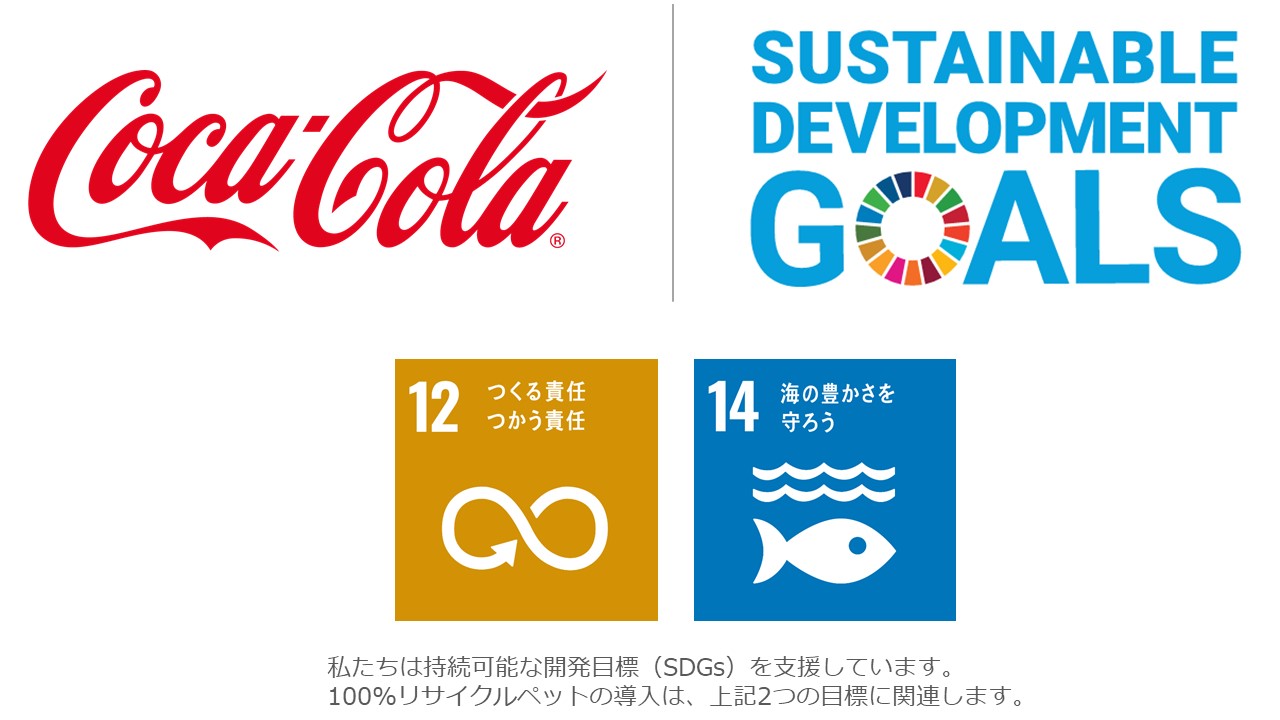 コカ·コーラは持続可能な開発目標(SDGs)を支援しています。100%リサイクルペットの導入は、SDGs12番と14番の目標に関連します。