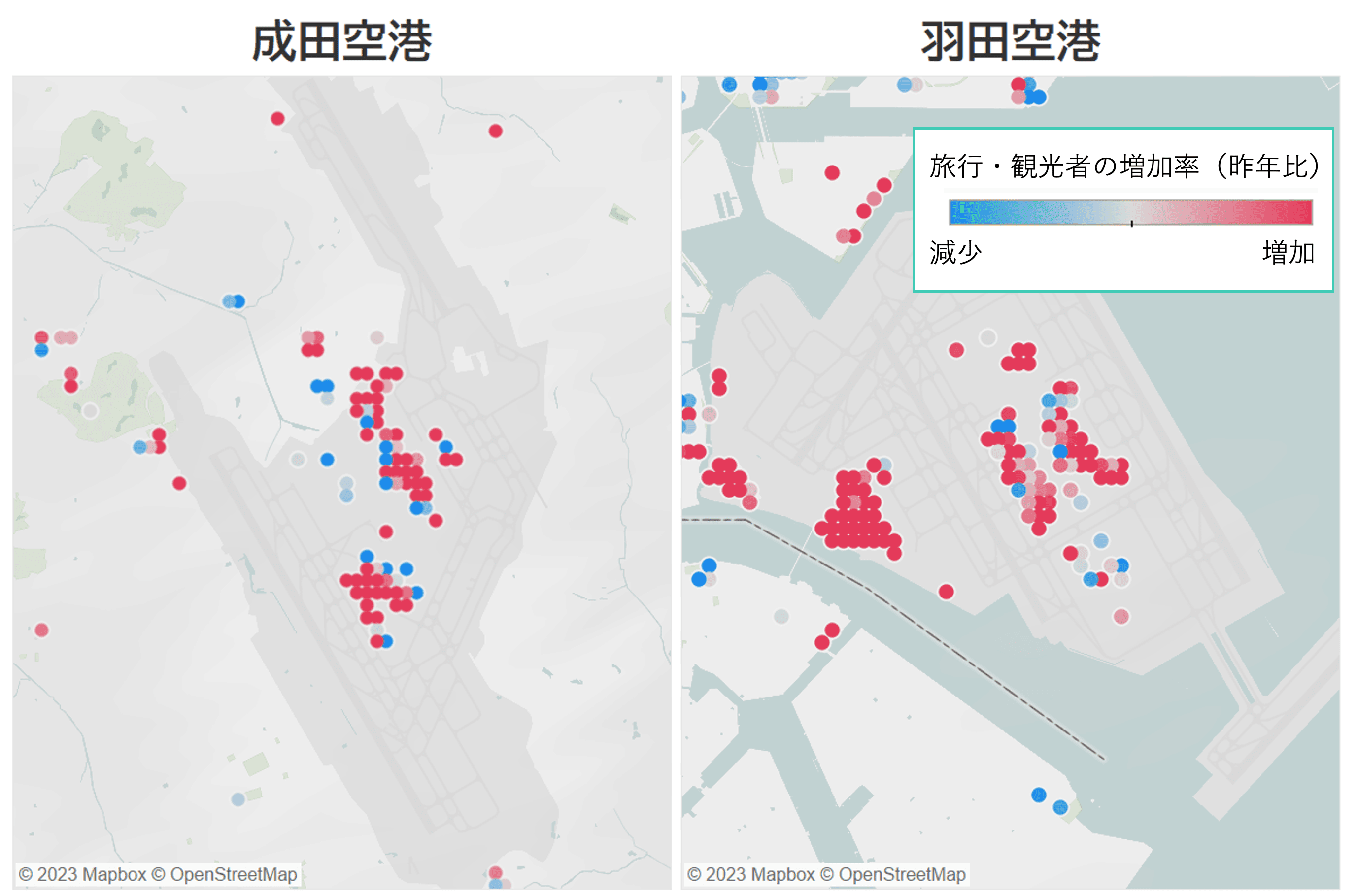 成田空港・羽田空港周辺の旅行・観光者増加率マップ（昨年比）
