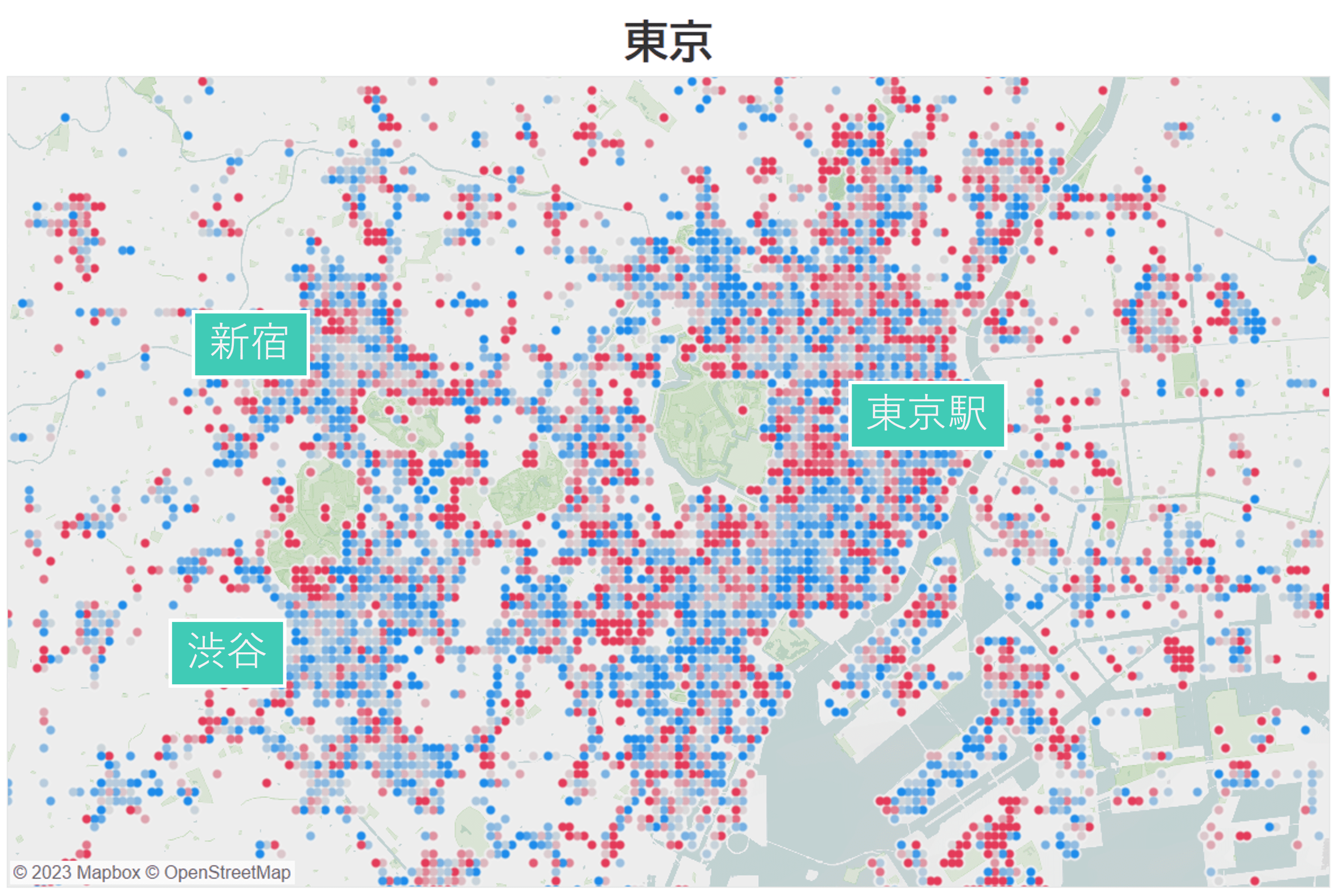 東京23区近郊の旅行・観光者増加率マップ（昨年比）