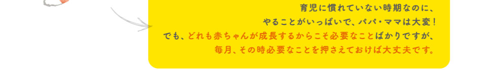 育児に慣れていない時期なのに、やることがいっぱいで、パパ・ママは大変！でも、どれも赤ちゃんが成長するからこそ必要なことばかりですが、毎月、その時必要なことを押さえておけば大丈夫です。
