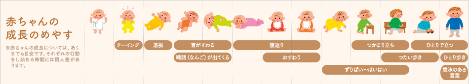 赤ちゃんの成長のめやす　※赤ちゃんの成長については、あくまでも目安です。それぞれの行動をし始める時期には個人差があります。　クーイング　追視　首がすわる　喃語（なんご）が出てくる　寝返り　おすわり　ずりぱい〜はいはい　つかまり立ち　つたい歩き　ひとりで立つ　ひとり歩き　意味のある言葉