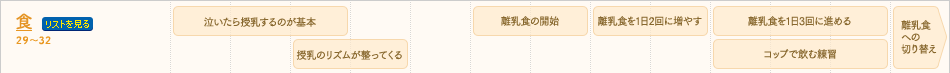 食　29〜32　リストを見る　泣いたら授乳するのが基本　授乳のリズムが整ってくる　離乳食の開始　離乳食を1日2回に増やす　離乳食を1日3回に進める　コップで飲む練習　離乳食への切り替え