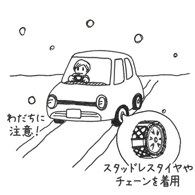 雪の日に自動車を運転する時はわだちに注意する　スタッドレスタイヤやチェーンを着用する