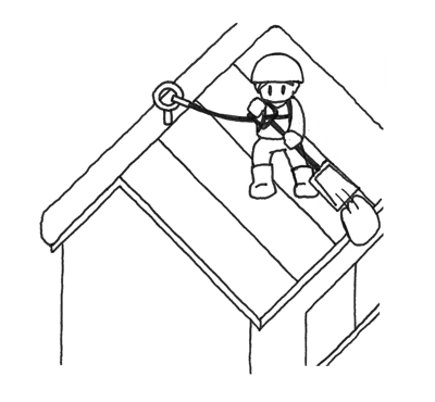命綱をつけて屋根の除雪作業を行う人