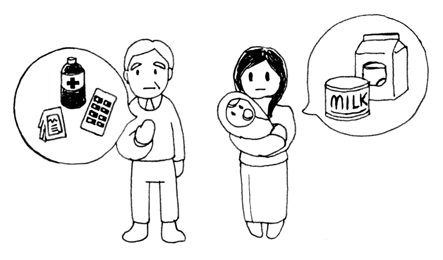 老人、乳児を抱えている女性