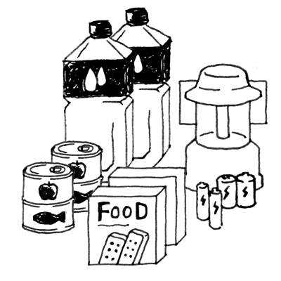 水、食料、電池、ランタン