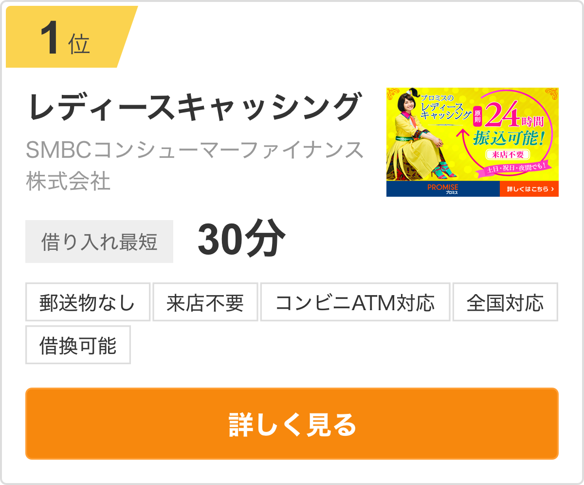 1位 レディースキャッシング SMBCコンシューマーファイナンス株式会社 借り入れ最短30分