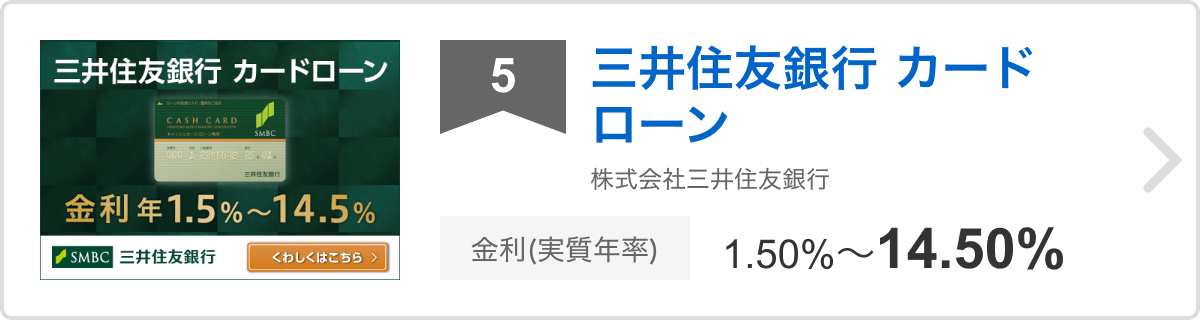 5位 三井住友銀行 カードローン 株式会社三井住友銀行 金利（実質年率）1.50%〜14.50%