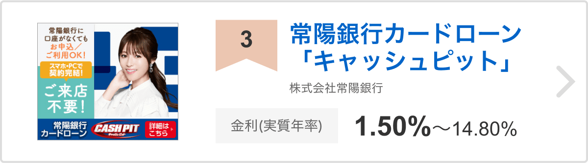 3位 常陽銀行カードローン「キャッシュピット」 株式会社常陽銀行 金利(実質年利)1.50%～14.80%