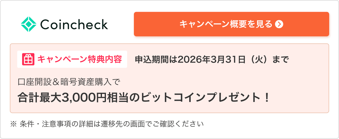 Coincheck 口座開設＆暗号資産購入で合計最大3,000円相当のビットコインプレゼント！ キャンペーン概要を見る