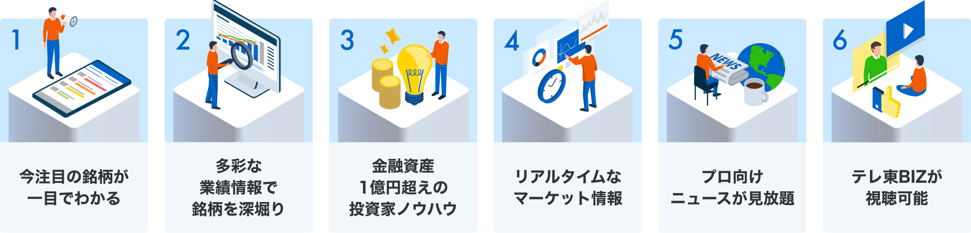 1.今注目の銘柄が一目でわかる／2.多彩な業績情報で銘柄を深堀り／3.金融資産1億円超えの投資家ノウハウ／4.リアルタイムなマーケット情報／5.プロ向けニュースが見放題／6.テレ東BIZが視聴可能