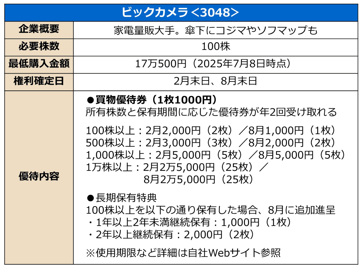 ビックカメラの株主優待に関する詳細情報