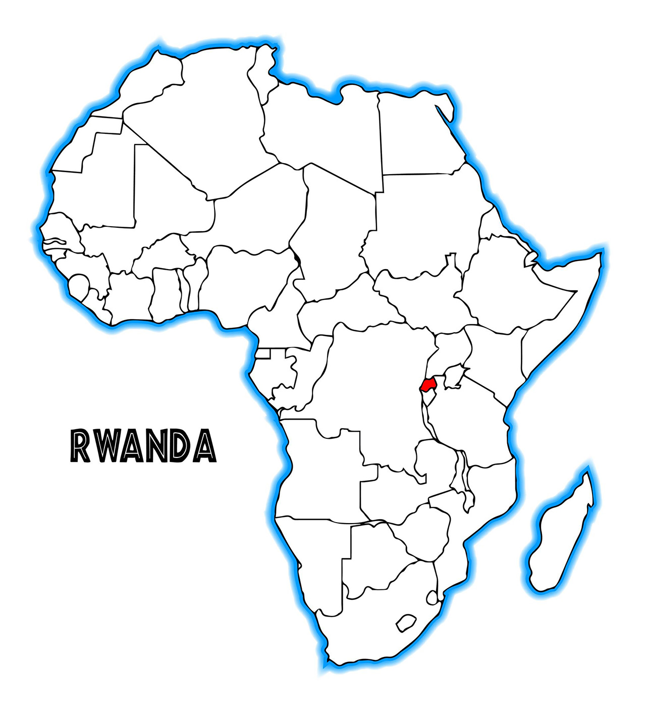 アフリカの地図。赤く塗られているのがルワンダ