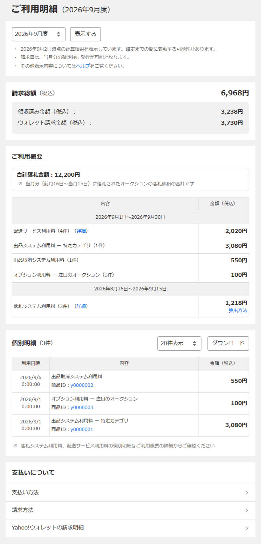 Yahoo!オークションご利用明細の見方