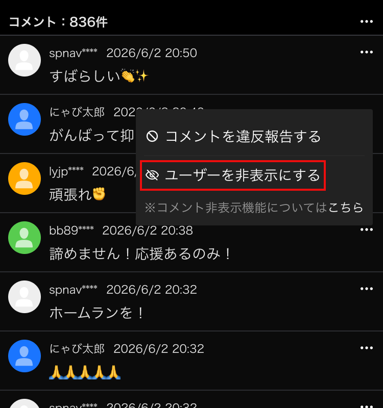 ユーザー非表示メニュー コメントメニュー内の「ユーザーを非表示にする」が赤枠で強調表示されている