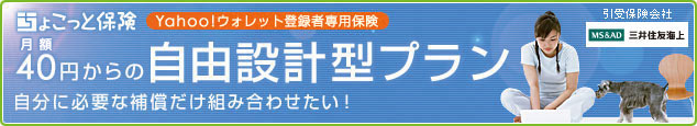 ちょこっと保険 Yahoo!ウォレット登録者専用保険 月額40円からの自由設計プラン 自分に必要な補償だけ組み合わせたい! 三井住友海上(引受保険会社)