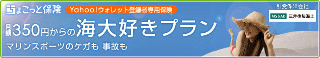 ちょこっと保険 Yahoo!ウォレット登録者専用保険 月額350円からの海大好きプラン マリンスポーツのケガも事故も 三井住友海上(引受保険会社)