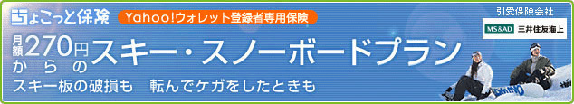 ちょこっと保険 Yahoo!ウォレット登録者専用保険 月額270円からのスキー・スノーボードプラン スキー板の破損も 転んでケガをしたときも 三井住友海上(引受保険会社)