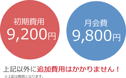 (初期費用9,200円、月会費9,800円)追加費用はかかりません!
