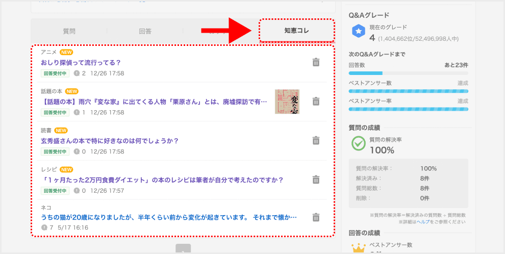 My知恵袋の「知恵コレ」リストのキャプチャ