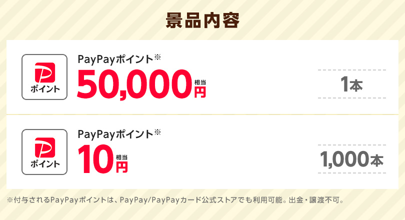 【景品内容】1等:PayPayポイント50,000円相当×1本｜2等:PayPayポイント10円×1,000本