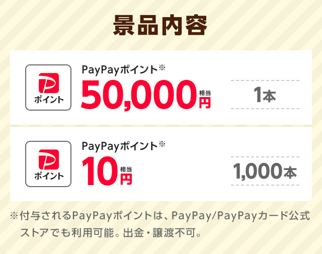【景品内容】1等:PayPayポイント50,000円相当×1本｜2等:PayPayポイント10円×1,000本