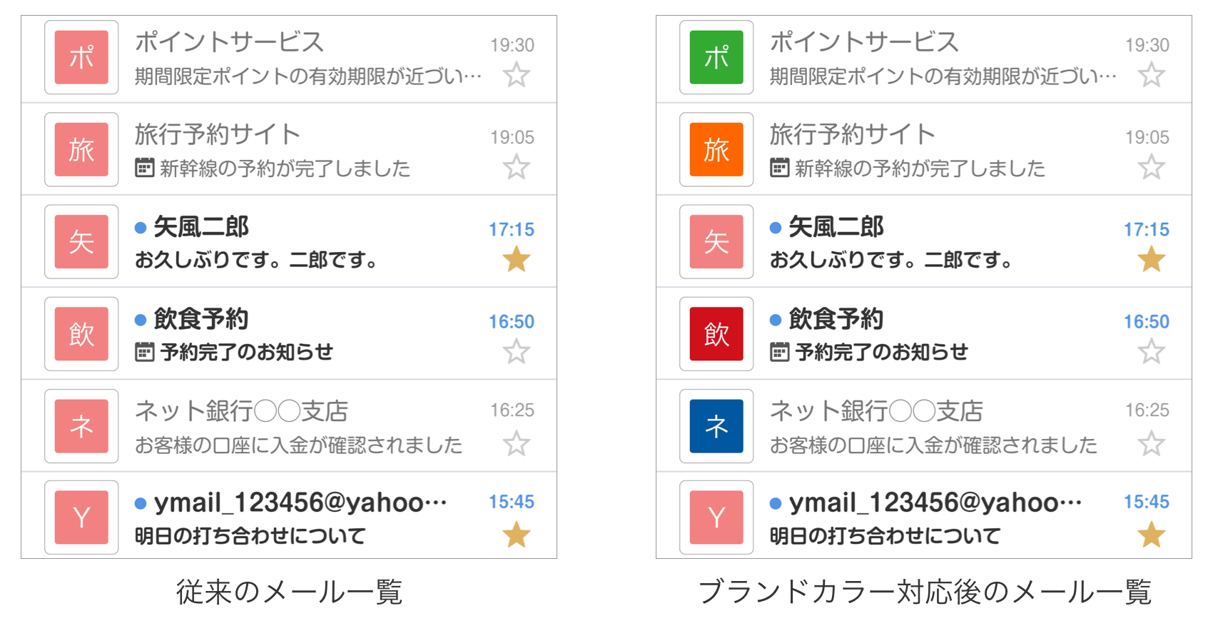 従来のメール一覧とブランドカラー対応後のメール一覧