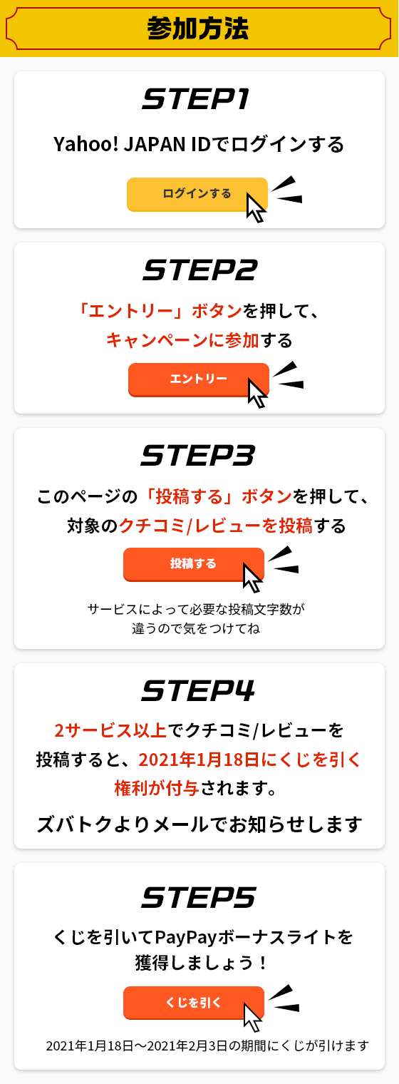 参加方法　STEP1 Yahoo! JAPAN IDでログインする　STEP2 「エントリー」ボタンを推して、キャンペーンに参加する　STEP3 このページの「投稿する」ボタンを推して、対象のクチコミ/レビューを投稿する サービスによって必要な投稿文字数が違うので気をつけてね　STEP4 2サービス以上でクチコミ/レビューを投稿すると、2021年1月18日にくじを引く権利が付与されます。ズバトクよりメールでお知らせします　STEP5 くじを引いてPayPayボーナスライトを獲得しましょう！　2021年1月18日〜2021年2月3日の期間にくじが引けます