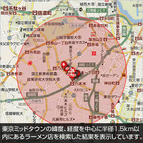 東京ミッドタウンの緯度、経度を中心に半径1.5km以内にあるラーメン店を検索した結果を表示しています。