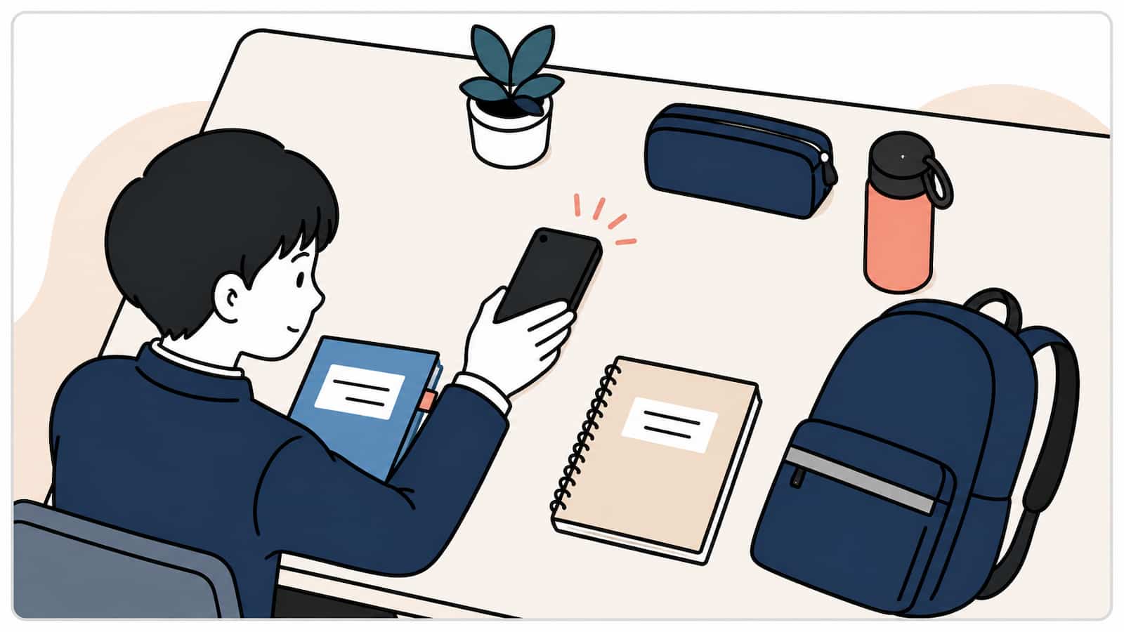中学生が机に向かってスマートフォンを見ている。周囲には、教科書やノート、筆箱、バッグが配置され、勉強の際のスマートフォンの扱い方の様子を表している。