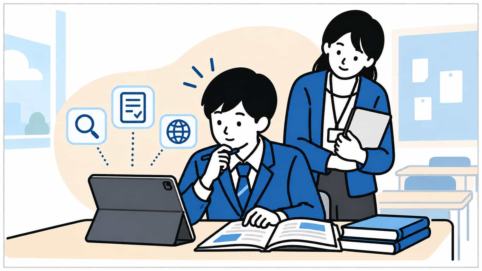 教室で中学生がタブレットに示されたAIの回答と手元の資料を見比べながら考え、教師が少し後ろから穏やかに見守る様子を描いた、情報を見極める力をテーマにしたイラスト