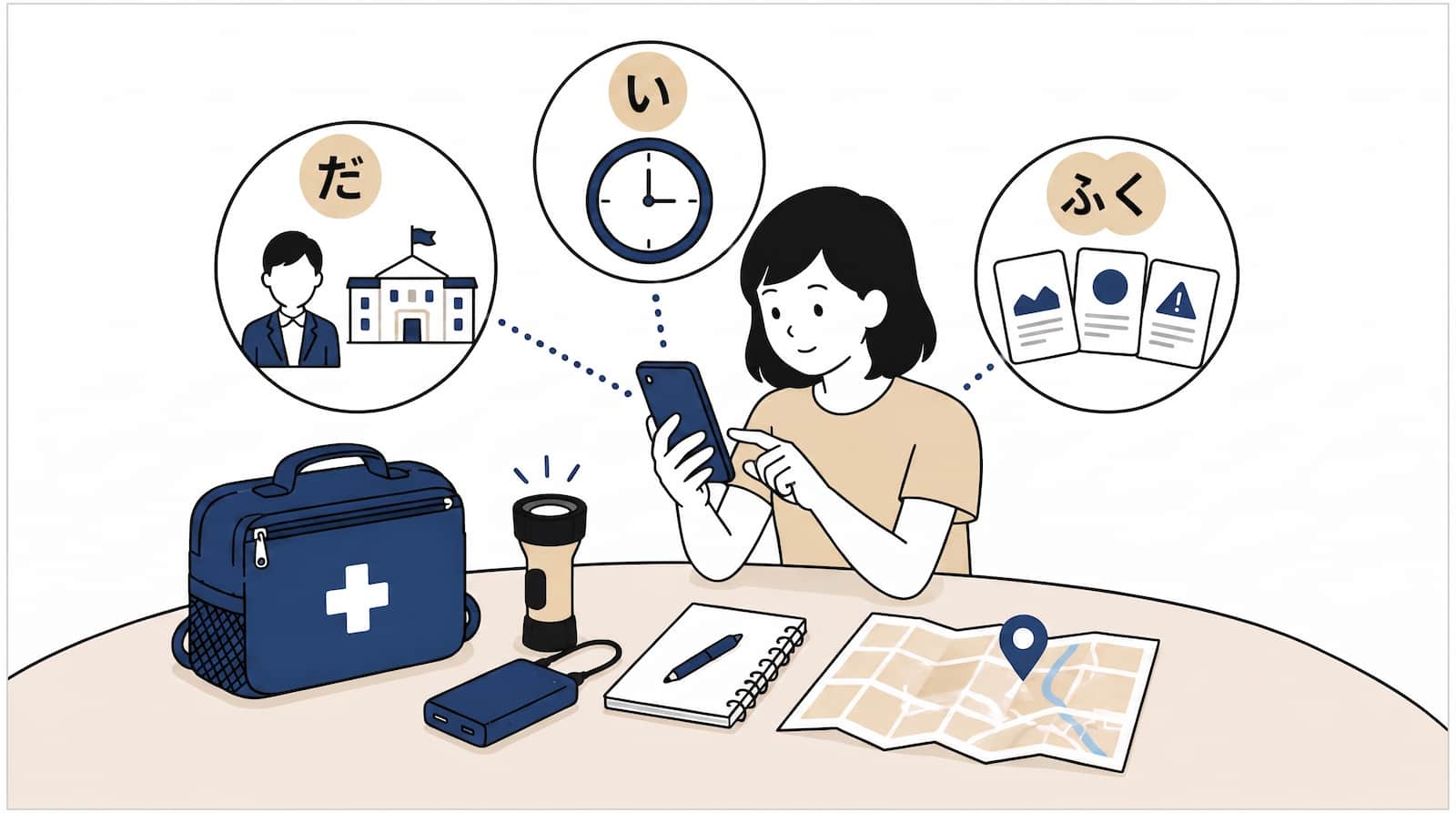 デスクでスマートフォンを操作する女性と、周囲に配置された防災グッズを描いた、クリーンなフラットイラスト。女性の前には、白い十字マーク付きの青い救急バッグ、懐中電灯、モバイルバッテリー、ノート、そして青い位置ピンが付いた開いた地図が置かれている。女性のスマートフォンから上部へ、アプリで確認している情報を表す3つの円形吹き出しが点線でつながっている。左の吹き出しには「だ」の文字と避難所（場所）のアイコン、中央の吹き出しには「い」の文字と時計（時間）のアイコン、右の吹き出しには「ふく」の文字と避難カード（グッズ）のアイコンが、日本語のひらがなとともに描かれている。