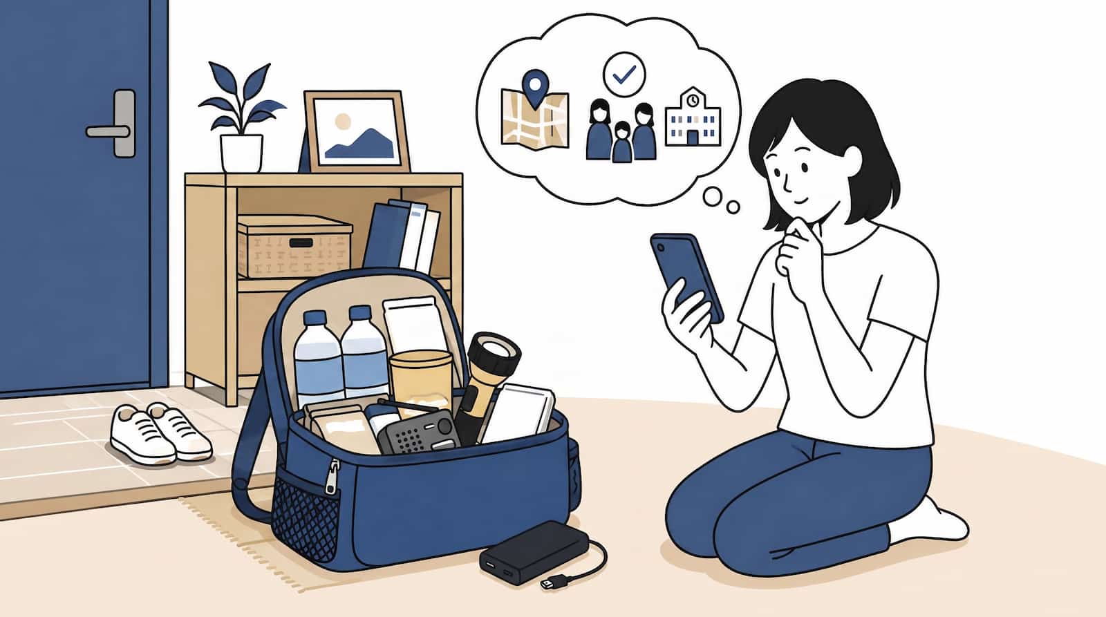 スマートフォンを操作する女性と、玄関に用意された防災バッグを描いたイラスト。防災バッグには、懐中電灯、ラジオ、水などがはいっている。