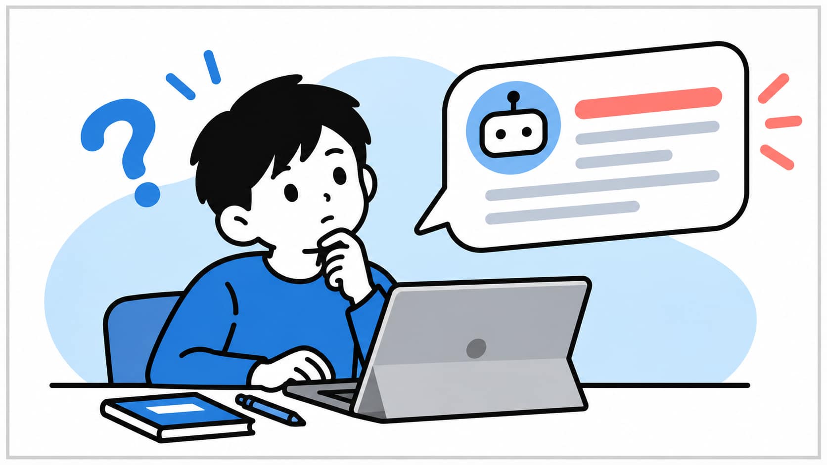 生成AIを示す抽象的なモチーフを背景に、ノートPCを前に考えながら学ぶ生徒