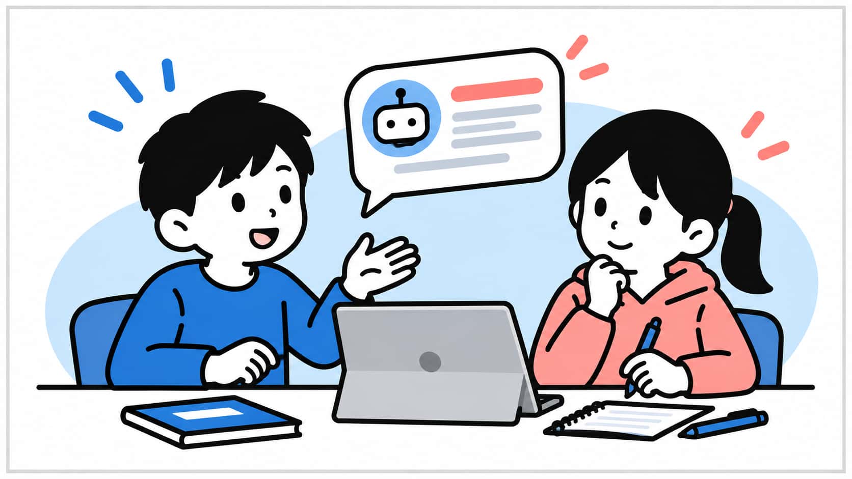 2人の生徒がタブレットをみながら生成AIについて話し合う様子