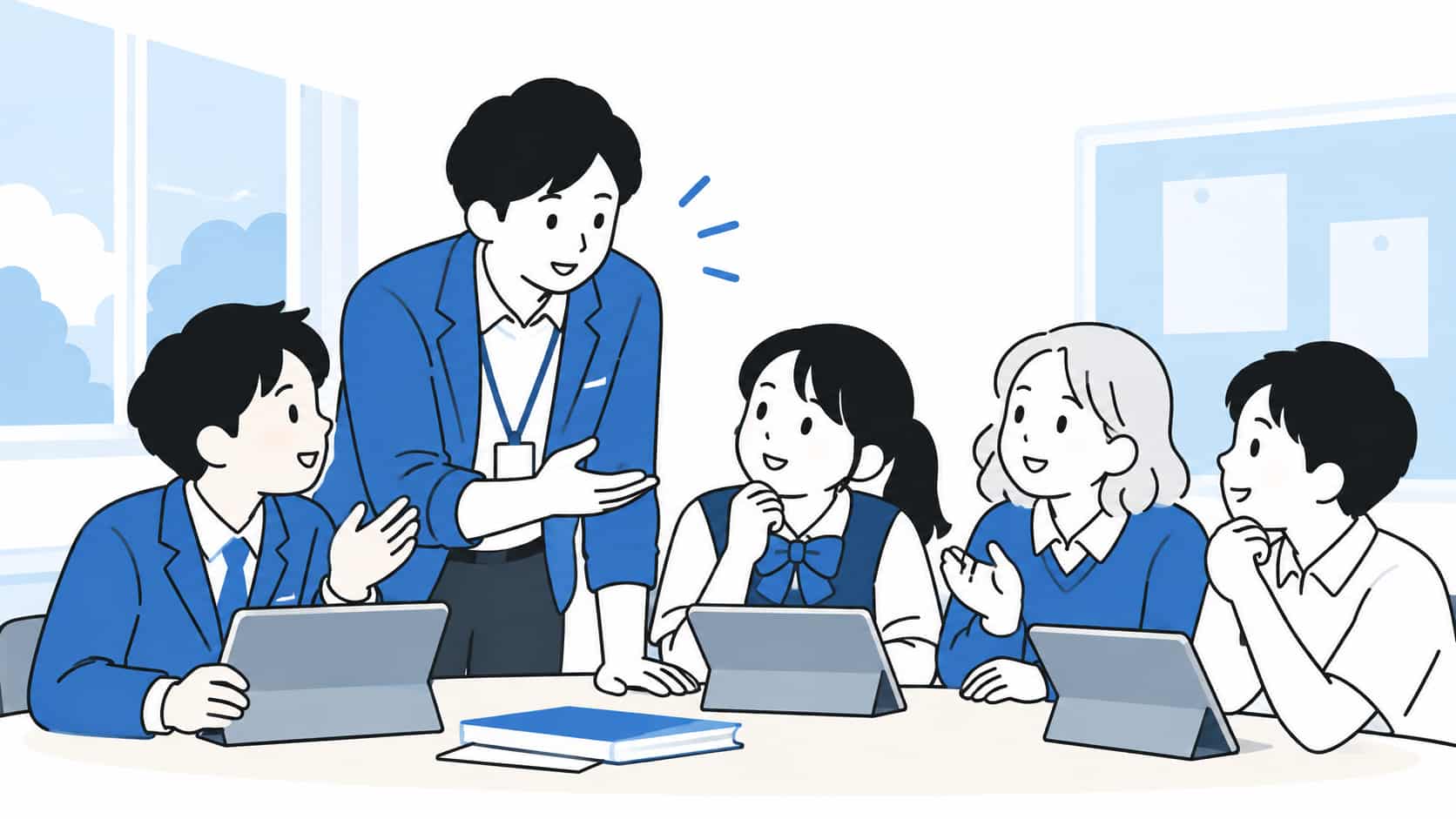 先生がタブレットを持つ生徒たちに問いかけ、生徒が考えたり意見を交わしたりしながら学ぶ教室のイラスト。