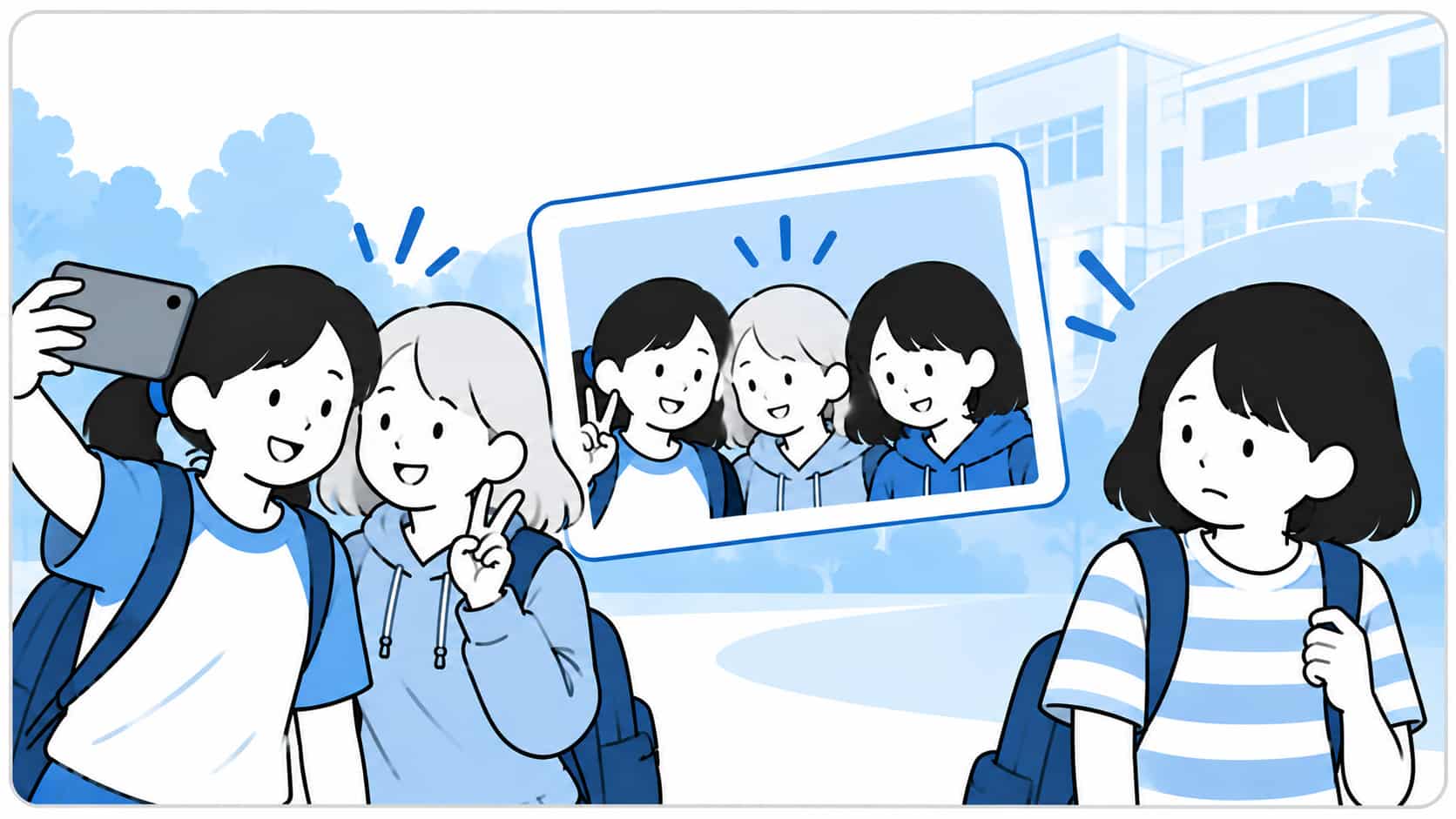 友達と楽しそうに写真を撮る女子生徒2人と、撮影された写真に戸惑いを感じる女子生徒。写真をめぐる気持ちの違いを表現したイラスト。