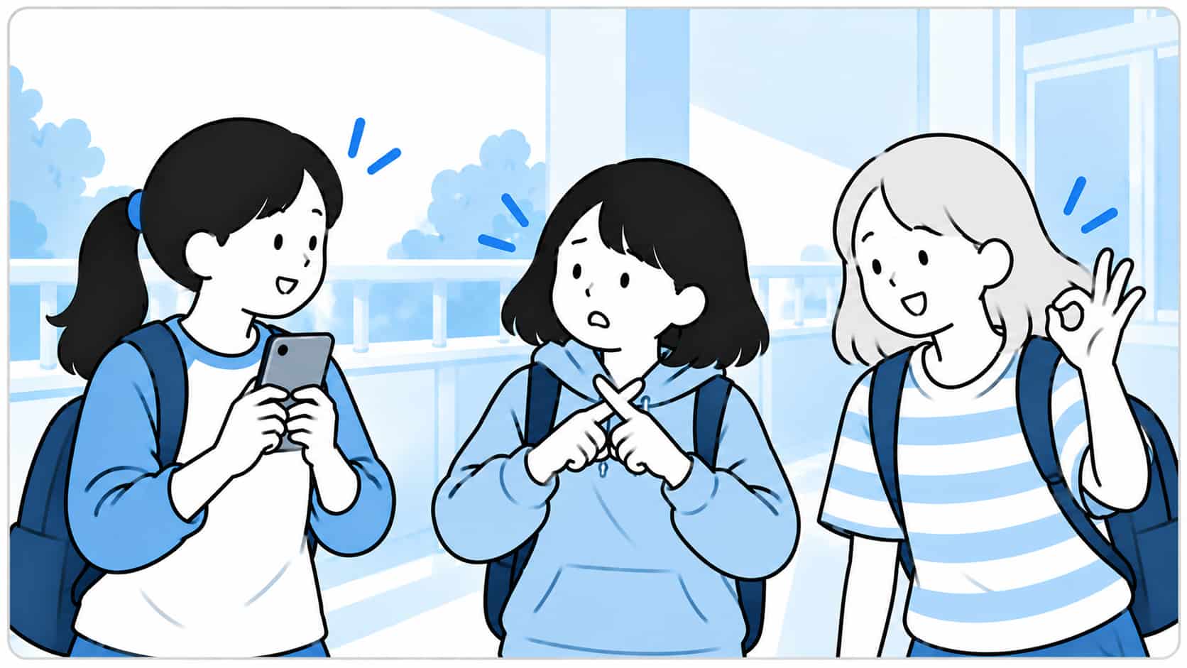 学校で女子生徒が友達2人にスマートフォンを向け、写真を撮ってよいか確認している様子。撮影前に相手の気持ちを確かめる大切さを表現したイラスト。