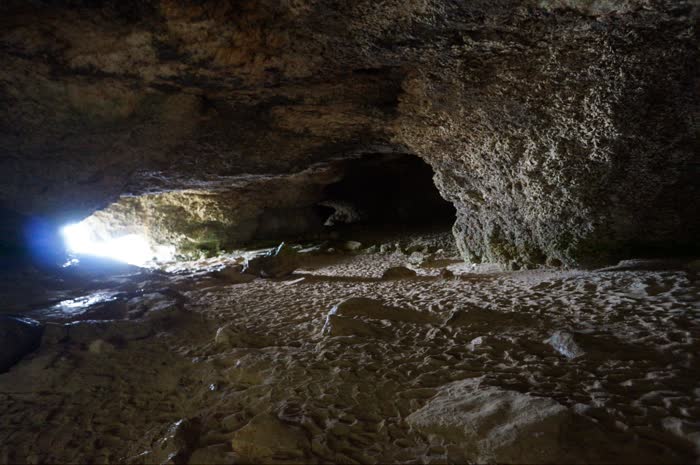 持ち上げると子宝に恵まれるとの言い伝えがある「力石」がある伊江島のニャティヤ洞。戦時中、多くの人が避難したため千人洞とも呼ばれます＝2022年3月、水野梓撮影