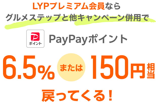LYPプレミアム会員ならグルメステップと他キャンペーン併用でPayPayポイント6.5%または150円相当戻ってくる！