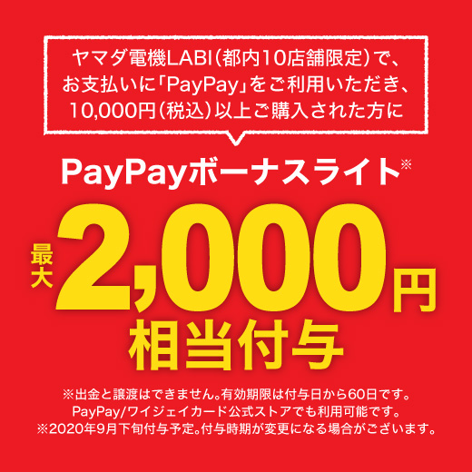 ヤマダ電機LABI（都内10店舗限定）で、お支払いに「PayPay」をご利用いただき、10,000円（税込）以上ご購入された方にPayPayボーナスライト最大2,000円相当付与