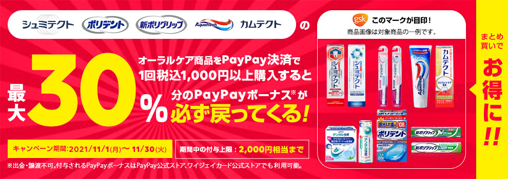 オーラルケア商品をPayPay決済で1回税込1,000円以上購入すると、最大30％分のPayPayボーナスが必ず戻ってくる！