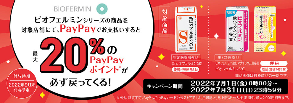ビオフェルミンシリーズを対象店舗にてPayPay支払いで購入するとPayPayポイントが戻ってくる！