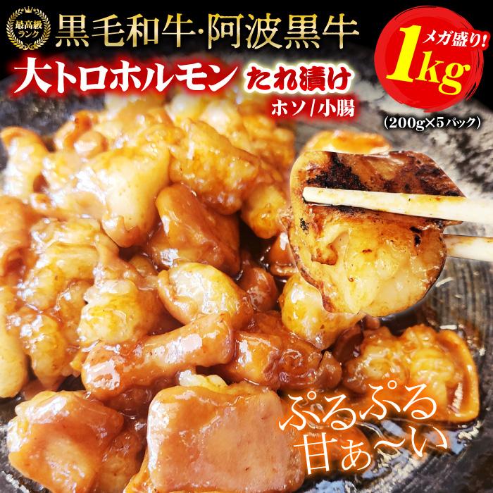 ホルモン 焼肉 黒毛和牛 阿波黒牛 大トロホルモン ホソ 小腸 たれ漬け 1kg 200g×5パック 味付け バーベキュー 肉 国産 BBQ メガ盛り 冷凍便